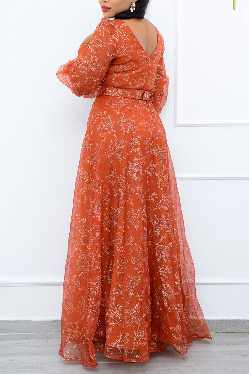 Plus Size V-neck Tulle Puff Long Sleeves Printed A-line Maxi Dress (Without Belt)