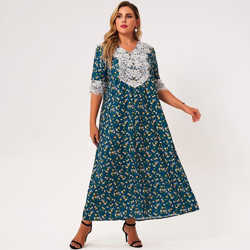 2021 New Summer Maxi Dress Women Plus Size Lake Blue Loose Mori Floral Print Lace Tassel Half Sleeve Button Holiday Party Robes