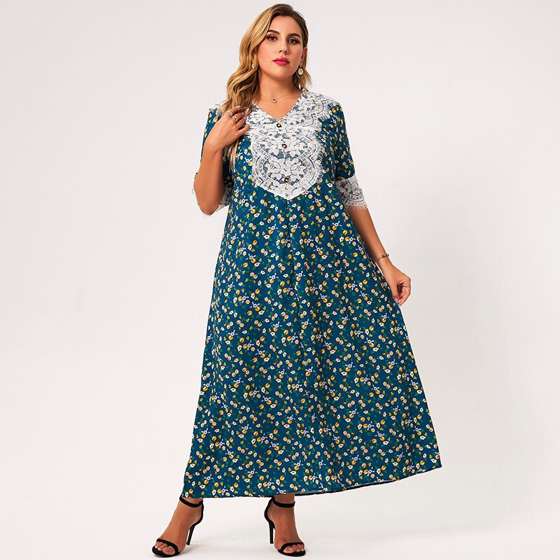 2021 New Summer Maxi Dress Women Plus Size Lake Blue Loose Mori Floral Print Lace Tassel Half Sleeve Button Holiday Party Robes