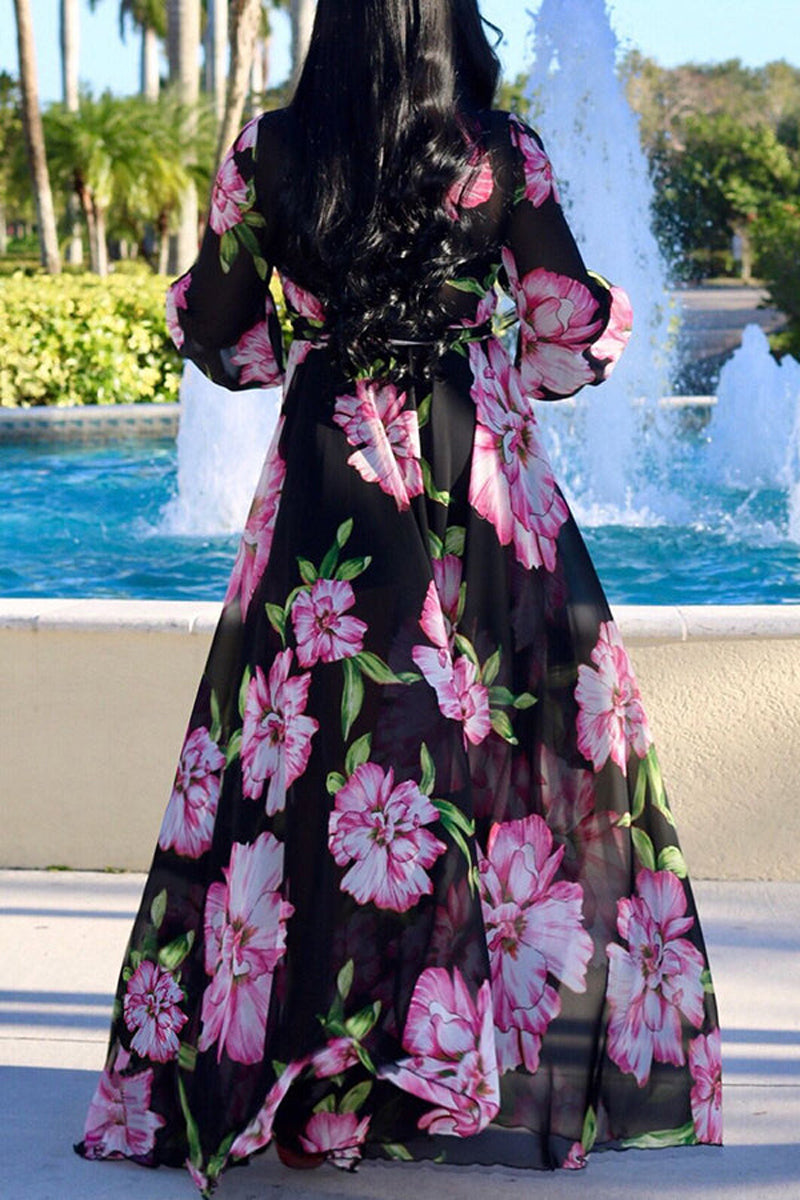 [Pre-Sale] Plus Size Casual Long Sleeve Abstract Printed Floor Length Maxi Dresses