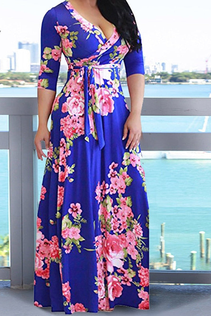 Plus Size Casual Floral Print Long Sleeve Sash Belt Maxi Dress - Fashionaviv-Maxi Dresses-[product_label]