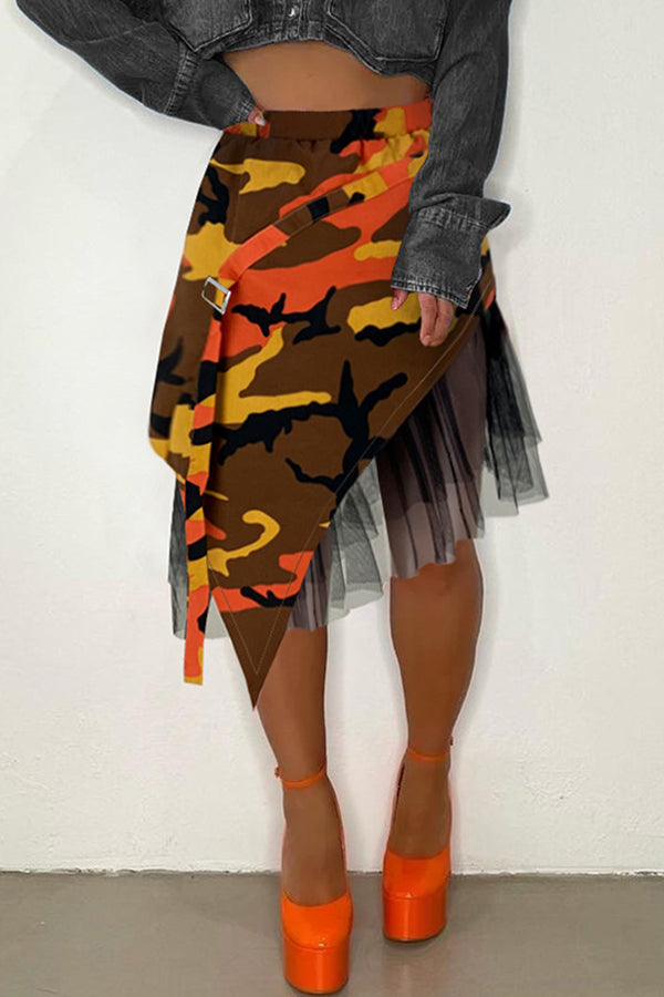 Mesh Ruffle Hem Trim Camo Print Skirt